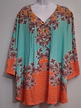 Rose & Olive Size 3X Aqua and Orange Floral V-Neck Tunic 3/4 Sleeves.